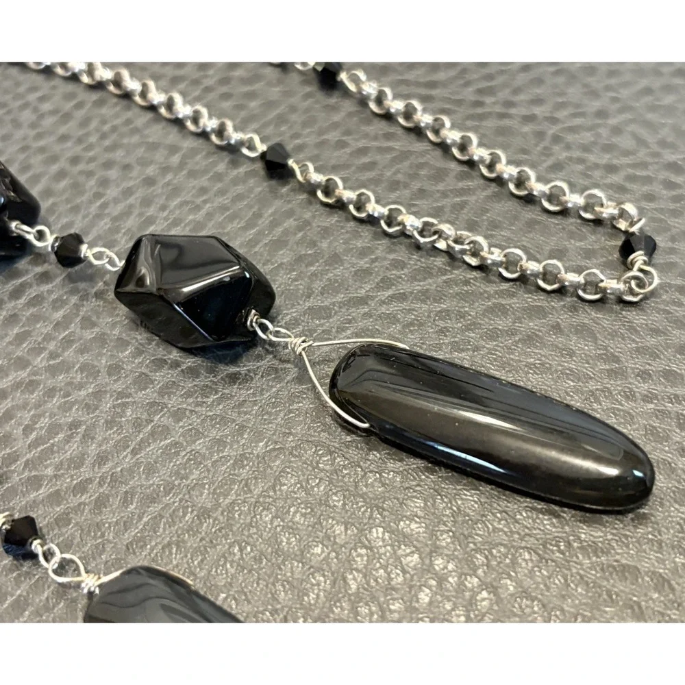 Vintage Black Onyx Glass Beads Sterling Silver Chain 